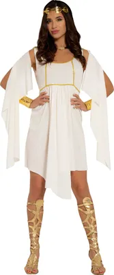 A woman wearing a Greek goddess costume.