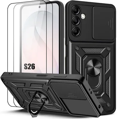 Image de Coque + 2 Verres Trempés pour Samsung Galaxy S26, Antichoc avec Anneau et Protection Caméra - Noir