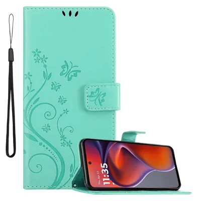 Produktbild von Cadorabo Hülle für Motorola Moto G15 Hülle in FLORAL TÜRKIS Schutzhülle im Blumen Design mit Magnetverschluss, Standfunktion und Kartenfächern Book Case Cover