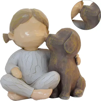 Image de Statue de fille et de chien en résine Figurine de bureau exquise de fille et de chiot Ornement pour chambre à coucher Décoration de salle de séjour