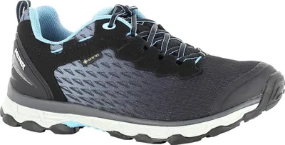 A side view of a black and blue hiking shoe.