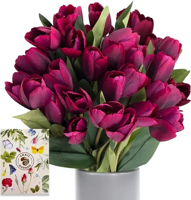 Produktbild von SnailGarden 3 Strauße/27 Köpfe Dunkellila Künstliche Tulpen Blumen,Seide Kunstblumen Tulpen Strauß mit 1 Grußkarte, Kunst Tulpen Deko für Hochzeit Hause Party Festival Blumenarrangement