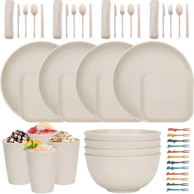 Produktbild von 48-teiliges Geschirr Set für 4 Personen, unzerbrechliches Camping Geschirr, wiederverwendbar, Kunststoff, beige