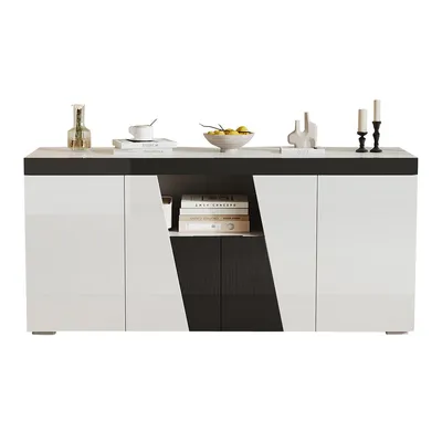 Produktbild von Sideboard mit 3 Schränken und 4 Türen LED-Lichtleiste Aufbewahrungsschrank Wohnzimmerschrank 140 x 40 x 65 cm Schwarz+Weiß