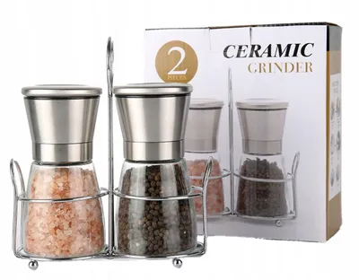 Produktbild von Salz und Pfeffermühle Set 2er manuell mit Ständer Edelstahl Glas Keramikmahlwerk Gewürzmühlen 180 ml