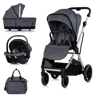 Obrázek produktu pro Kombinovaný kočárek Chipolino Aurora 3 v 1 – autosedačka, korbička, sportovní sedačka, taška, tmavě šedá