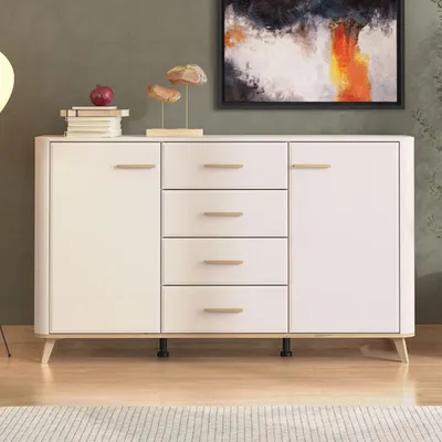 Image de Illorai - Buffet, 154x40x91h cm Blanc Crème, 2 Étagères