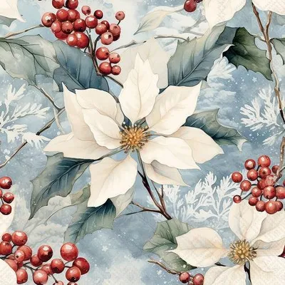 Produktbild von 20 Servietten Winter Poinsettia - Weißer Weihnachtsstern mit Beeren 33x33cm