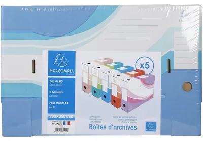 Image de Lot de 5 boîtes d'archivage Exacompta, dos de 80 mm, carton ondulé, 25 x 35 cm (format A4), couleurs assorties