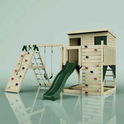 Produktbild von OutdoorToys Spielturm Emil aus Holz in Grün Dunkelgrün, mit Kinderschaukel