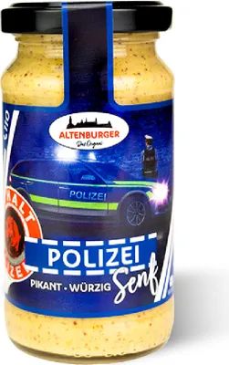 A jar of mustard with a police-themed label.