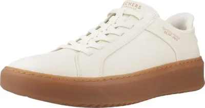 A white Skechers Slip-Ins sneaker with a brown sole is shown against a white background.