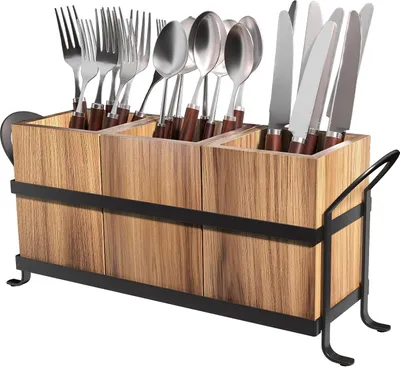 Produktbild von Tragbarer Utensilienhalter – Besteckbehälter mit 3 Fächern, abnehmbarem Griff, stilvoller Besteck-Organizer für den Innen- und Außenbereich