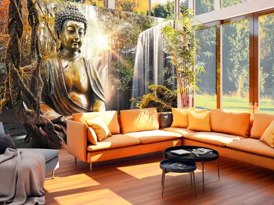 Produktbild von Vlies Fototapete 400x280 cm Tapeten Wandtapete XXL Natur Buddha Wald Wasserfall Asia h-C-0032-a-c