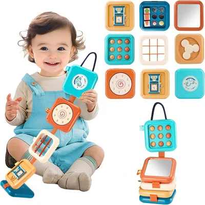 Obrázok produktu pre Montessori aktívna doska – vzdelávacia doska pre bábätká – rozvoj motorických schopností – 8 vzdelávacích aktivít – 20,5 cm – farebná