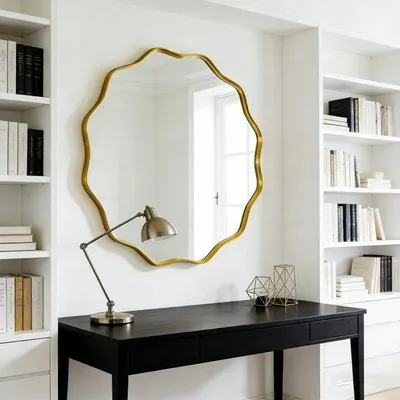 Produktbild von Rund Wandspiegel, dekorativer Wandspiegel zum Aufhängen, unregelmäßiger, wellenförmiger Spiegel, moderner Badezimmerspiegel für Bad, Wohnzimmer, 20'', gold, 50 cm