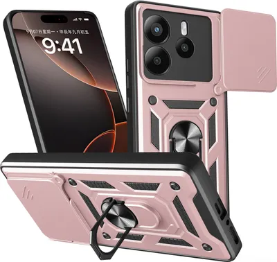 A rose gold phone case with a camera cover and ring holder is displayed from multiple angles, with a phone screen visible in one angle.