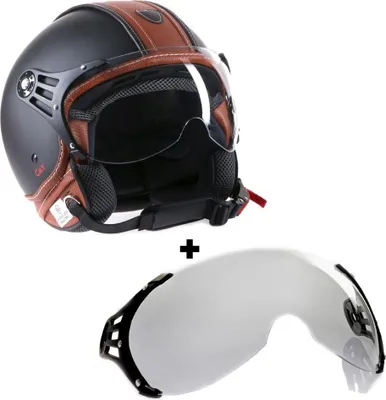 Obrázok produktu pre Motocyklová prilba jet prilba skúter prilba CMX Hazel matná čierna s koženou hnedou vrátane priehľadu číreho "L"