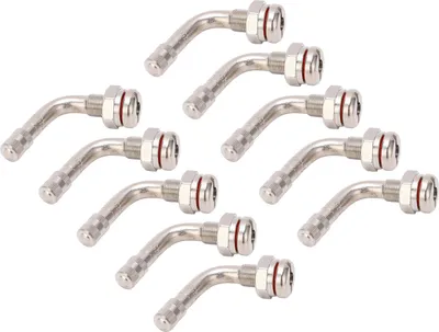 Imagen del producto de 10 unidades de válvula para neumáticos de camión, modelo TR543E, con un ángulo de 75 grados, de 65 mm de longitud, con abrazadera, utilizada como extensión de válvula para autobuses y camiones. Diámetro del orificio: 9,7 mm