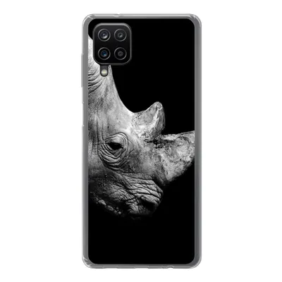 Produktbild von MuchoWow® Handyhülle Schutzhülle Hülle für Samsung Galaxy A12 Portrait Nashorn auf schwarzem Hintergrund Silikon Softcase Handy Hülle - Bild