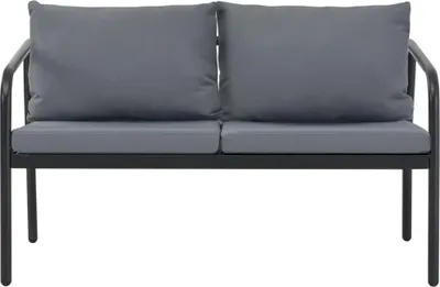 A studio shot of a two-seater garden bench with grey cushions.