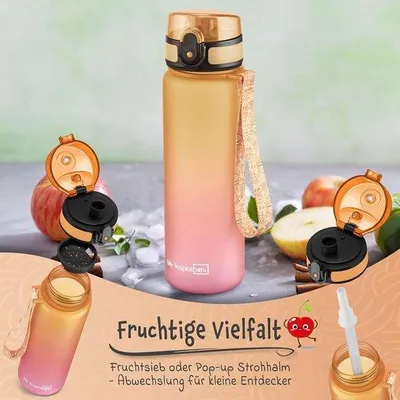 Produktbild von Famanu Trinkflasche für Kinder mit Strohhalm - 350 ml, 500 ml, 750 ml - BPA-frei, Tritan, Orange-Rosa