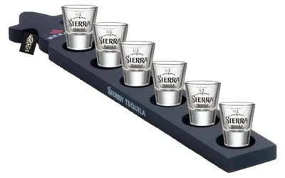 Produktbild von Sierra Tequila Set ShotTablett Meterbrett Serviertablett Echtholz f. 6x Shots Rack & 6 Sierra Tequila Shotgläser 2cl geeicht ca. 45cm lang