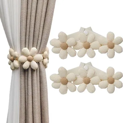 Produktbild von Gardinenhalter – 2 Stück – 45cm – Handgefertigte Gardinenbänder – Verstellbar – Raffhalter – Gardinenschnur – Gardinenbänder mit Blumenmuster – Beige