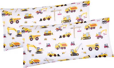 Produktbild von Renforcé Kissenbezug - 2er Set in 40x80cm - Bagger, Baufahrzeuge, Kräne - Kopfkissen-Bezug, Kissenhülle, Doppelpack in 100% Baumwolle, Kinder (EW-Bagger-40x80)