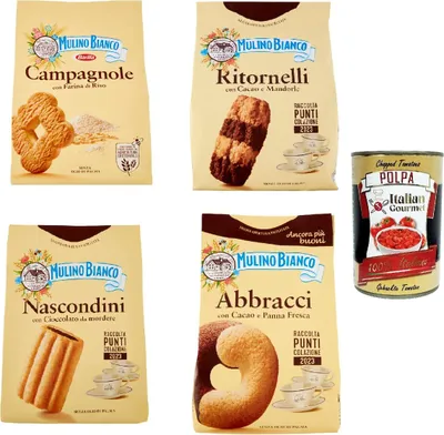 Produktbild von Testpaket Mulino Bianco Campagnole Ritornelli Abbracci Nascondini Shortbread-Kekse mit Reismehl 3x 700g 1x 600g + Italian gourmet polpa 400g
