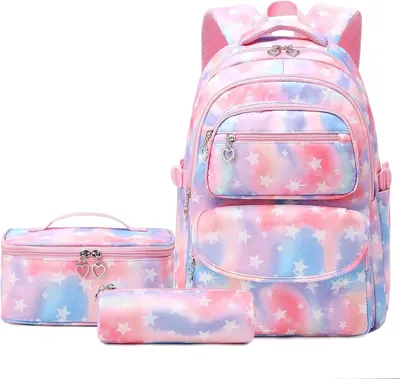 Produktbild von Rucksack, Schulrucksack Set, Größe 3 Set Schultasche, mit Sternenmuster, Tagesrucksack für Teenager, Mädchen, Grundschüler (rosa Sterne, 22 Liter)