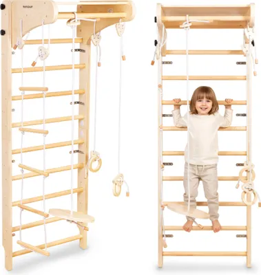 Immagine prodotto di Grande parete da arrampicata Montessori in legno con accessori - altalena a piastre, anelli ginnici e corda da arrampicata | Mamabrum