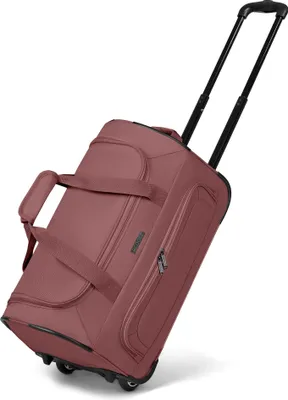 A red duffle bag with wheels and a retractable handle, shown at an angle against a white background.