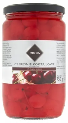 Zdjęcie produktu dla Czereśnie koktajlowe czerwone z ogonkami 750g - Rioba