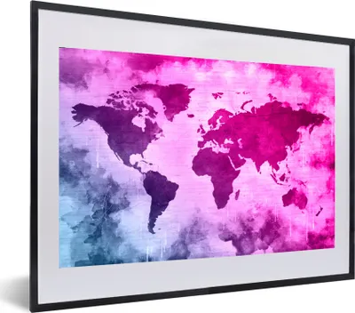 Produktbild von MuchoWow® MuchoWow® Gerahmtes Poster Weltkarte - Blau - Rosa 60x40 cm - Poster mit zchwarzem Bilderrahmen - Schlafzimmer - Plakat in Rahmen - Drucken