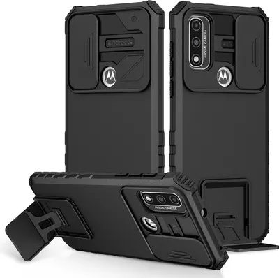 Immagine prodotto di Custodia per Motorola G Pure a doppio strato, robusta e con protezione militare, con kickstand e protezione scorrevole per la fotocamera, nero