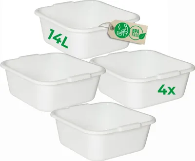 Produktbild von Novaliv 4x Spülschüssel eckig 14L, 38x38 cm, Weiß, BPA-frei & Spülmaschinenfest – Ideal für Küche und Camping, Wanne, Große Plastikschüssel, Waschschüssel eckig, Waschwanne, Abwaschschüssel