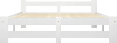 A white wooden bed frame with a slatted wooden base, shown from the front.