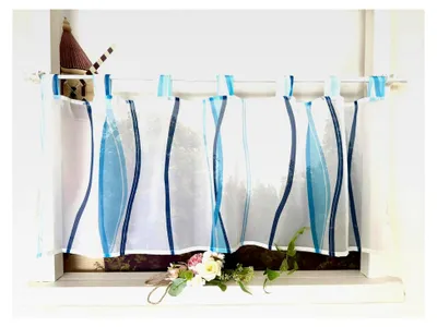 Produktbild von Scheibengardine mit Wellenmuster, Druck, Kurzstore mit Schlaufen, Küchengardine, modern, Voile, Bistrogardine, transparent, HxB 60x140cm, Blau, 1 Stück