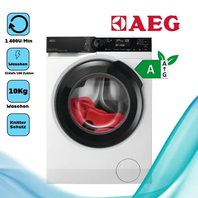 A white AEG washing machine with a red garment inside the drum, presented with feature icons and an energy efficiency label.