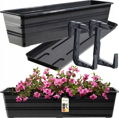 Produktbild von KADAX Blumenkasten mit Untersatz und Balkonkastenhalterung "Cati", aus Kunststoff, Blumentopf für Balkon, 60 cm, Anthrazit