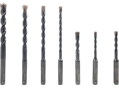 Productafbeelding van SDS Plus boorhamerset, 7-delig, voor beton, staalbeton en bouwgranit. Inclusief boren van 5/6/8x110mm en 6/8/10/12x160mm, en een PGM kruiskoppeltegelsnijder