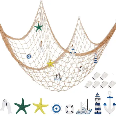 Fischernetz Wanddekoration, 8-teilig, nautisch, 200x100 cm, cremeweiß