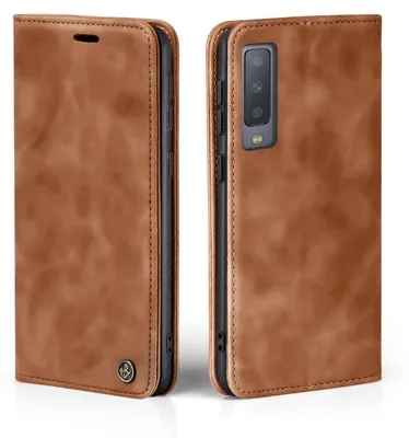 A brown leather flip case for a smartphone is shown from two angles.