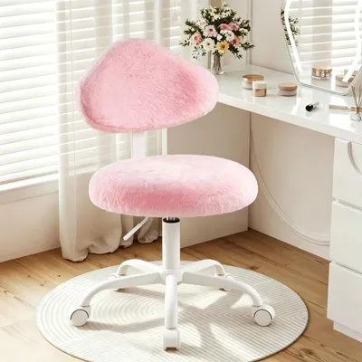 Produktbild von IWMH Schminktisch Stuhl mit Rollen, Kunstkaninchenfell Drehstuhl mit Rückenlehne in Wolkenform, Höhenverstellbar Schreibtischstuhl - Rosa