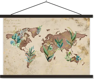 Produktbild von MuchoWow® Textilposter Weltkarte - Retro - Pflanzen 90x60 cm mit schwarzem Rahmen - Aufhängungssatz