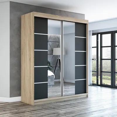 Produktbild von Schwebetürenschrank Kleiderschrank ERA  180 cm Schrank Garderobe Spiegel.Verschiedene Farben (Weiß, Schwarz, Somona). Möbel vom Hersteller!