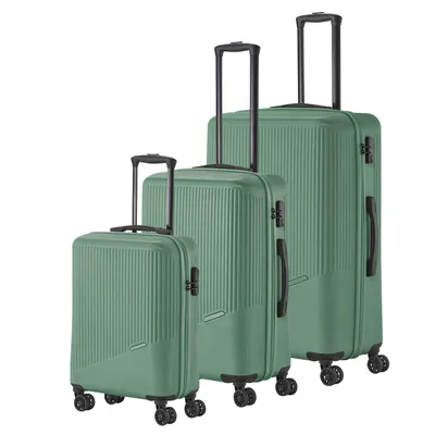 Three green suitcases of different sizes are arranged diagonally on a white background.