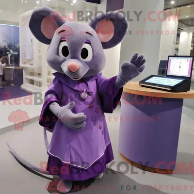 Produktbild von Lila REDBROKOLY Maus Maskottchen Kostüm Charakter gekleidet mit einem Kleid und Uhren