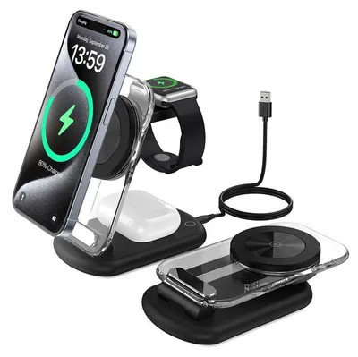 Produktbild von 3-in-1 MagSafe Ladestation faltbar (15 W) – Kompatibel mit iPhone 17e/17/16/15/14/13/12, Apple Watch und AirPods – inklusive Nachtlicht